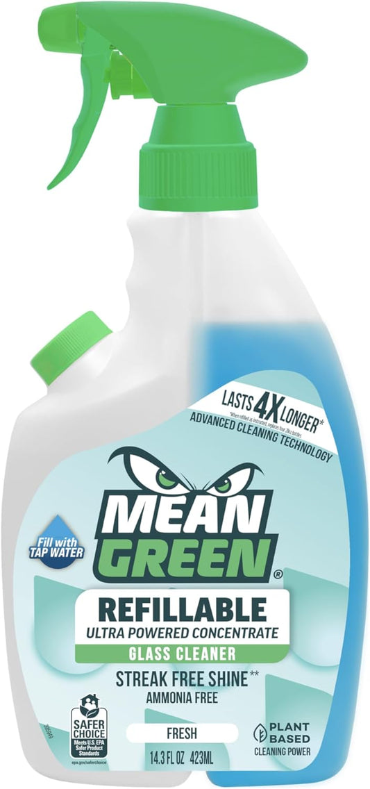 Mean Green Refillable Ultra Powered Glass Cleaner Concentrate, Fresh Scent, 14.3 fl oz (2-Pack) – Plant & Mineral Based, Streak-Free Shine, Refillable Bottle Makes 4X Refills