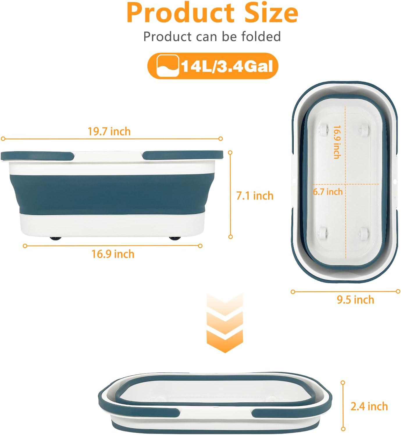 Goderewild Collapsible Plastic Bucket with Wheels 12L (3.17 Gallon) for House Cleaning, Camping, and RV - Multi-Purpose Rectangular Handy Basket for Cleaning Mop - Lightweight and Portable (Grey)