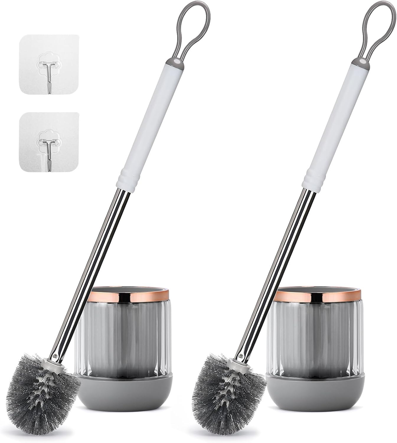 Toilet Bowl Brush and Holder 2 Pack Long Handle Toilet Brush for Bathroom with Separate Base for Floor and Wall Mounted Plastic Toilet Brush Set Under The Rim Household Cleaning (White)