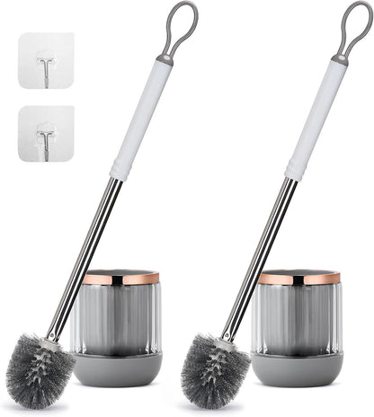 Toilet Bowl Brush and Holder 2 Pack Long Handle Toilet Brush for Bathroom with Separate Base for Floor and Wall Mounted Plastic Toilet Brush Set Under The Rim Household Cleaning (White)