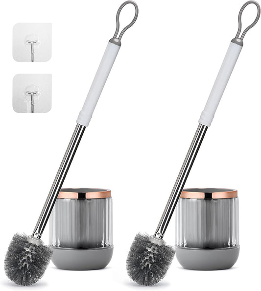Toilet Bowl Brush and Holder 2 Pack Long Handle Toilet Brush for Bathroom with Separate Base for Floor and Wall Mounted Plastic Toilet Brush Set Under The Rim Household Cleaning (White)