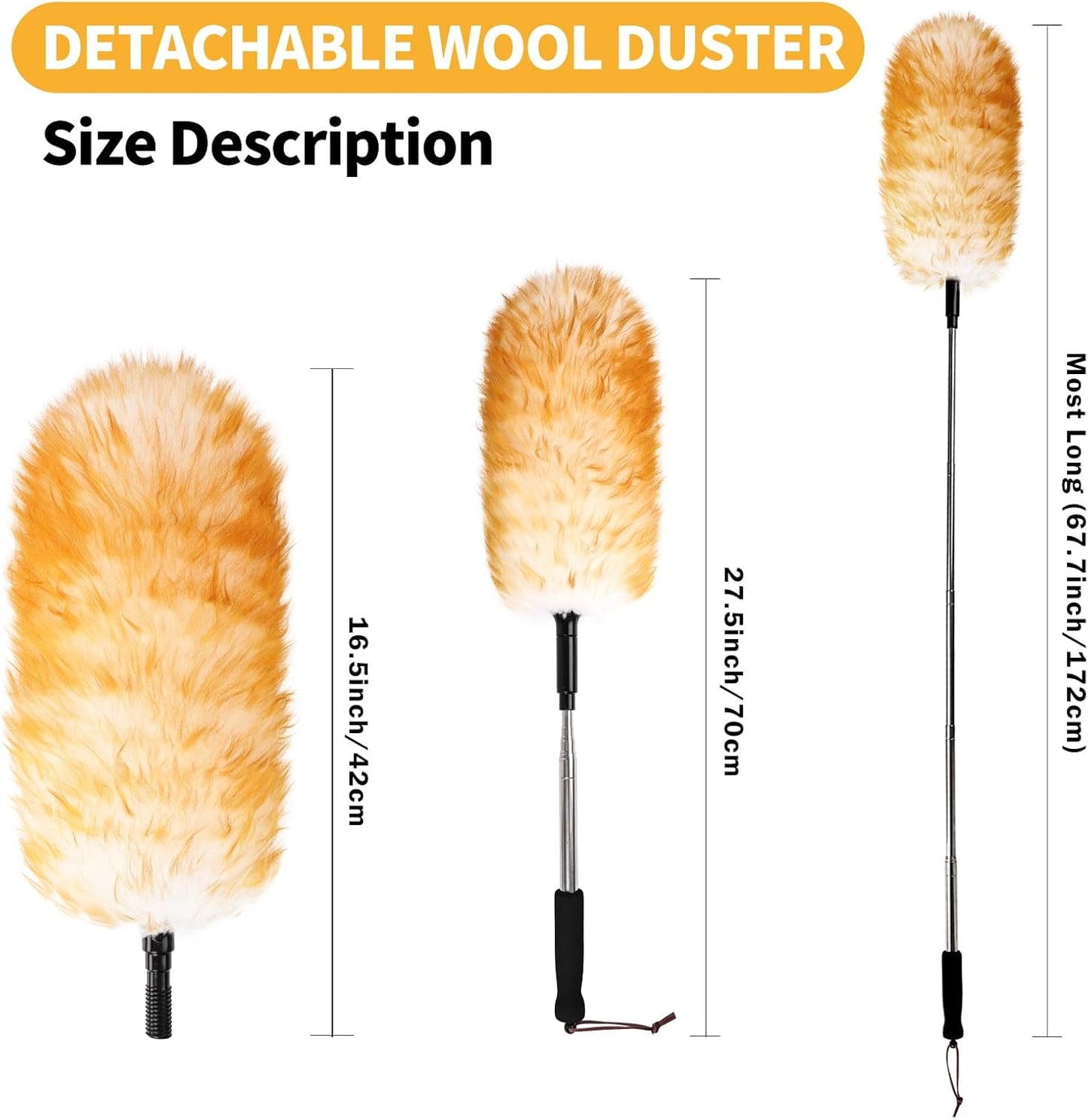 Extendable Cleaning Duster,66.9Inch Telescoping Feather Dusters with Stainless Steel Extension Pole for Cleaning High Ceiling Fan, High Ceilings,Furniture