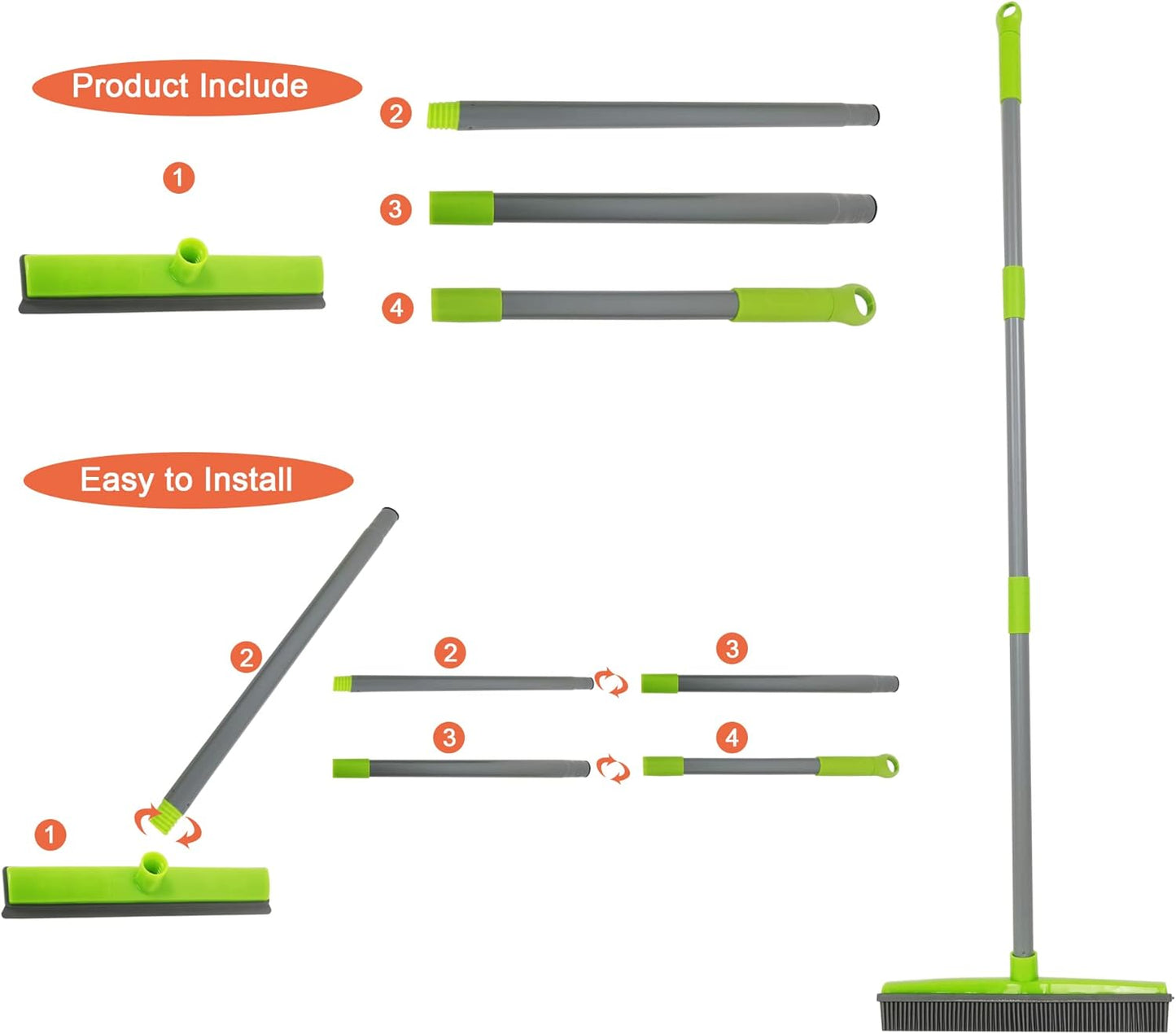 Push Broom,Pet Hair Removal Broom with Squeegee,Soft Silicone Bristle Broom with Long Handle,Non Scratch Carpet Sweeper Brush for Cat Dog Hair Hardwood(Orange) Extra Long for Tall People