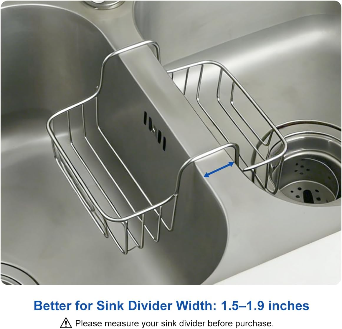 LANMU Stainless Steel Sponge Holder for Kitchen Sink, Movable Sink Caddy Hanging Sponge for Double Bowl Sink, Rustproof Organizer for Brush, Scrubber Storage, Fits 2-inch Width Sink Divider