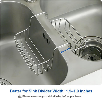 LANMU Stainless Steel Sponge Holder for Kitchen Sink, Movable Sink Caddy Hanging Sponge for Double Bowl Sink, Rustproof Organizer for Brush, Scrubber Storage, Fits 2-inch Width Sink Divider