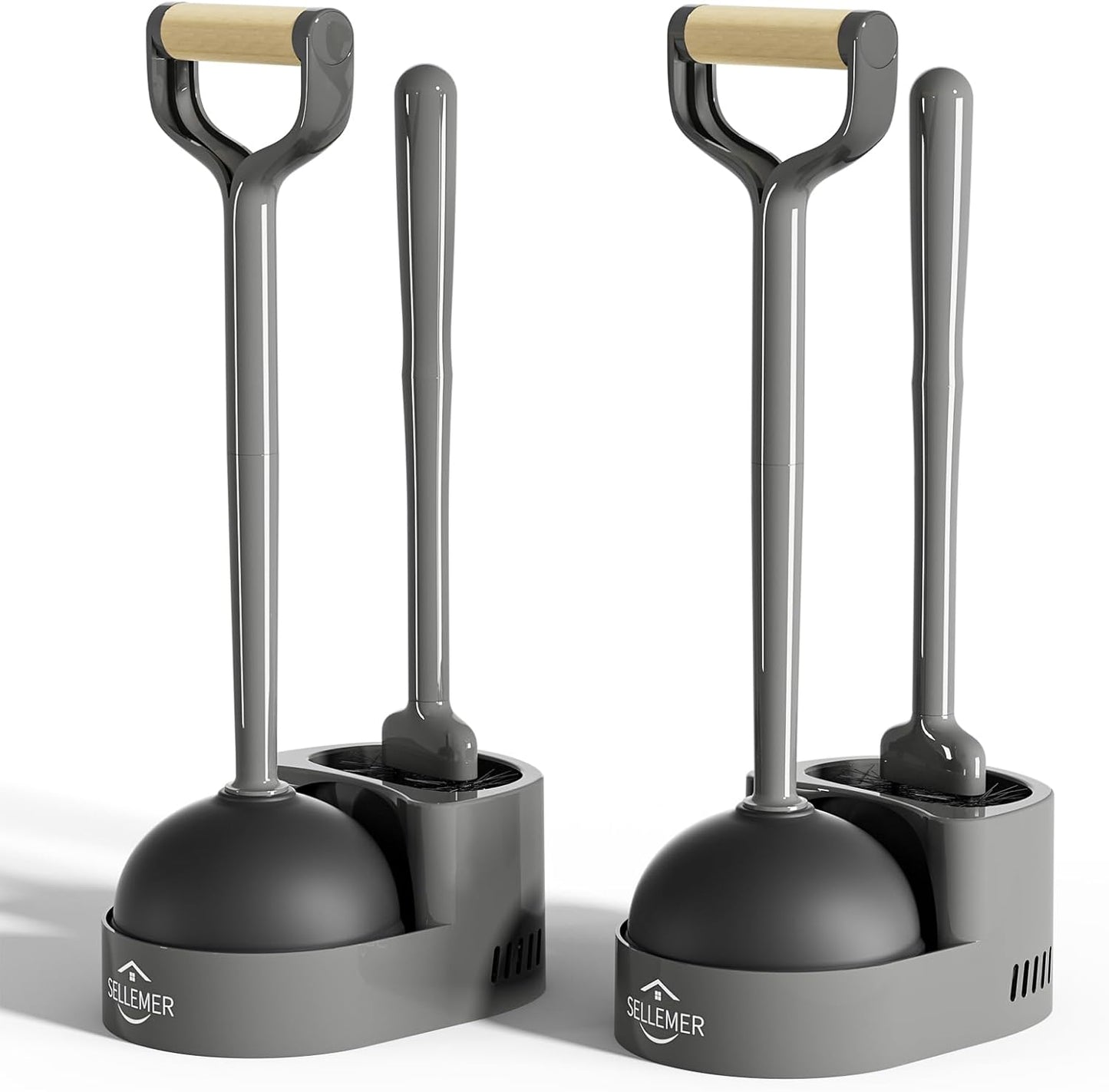 Sellemer Toilet Brush and Plunger Set, Curved Design Head for Deep Cleaning, Heavy Duty Toilet Bowl Brush and Plunger Combo with Holder for Bathroom Cleaning, Black, 2 Pack