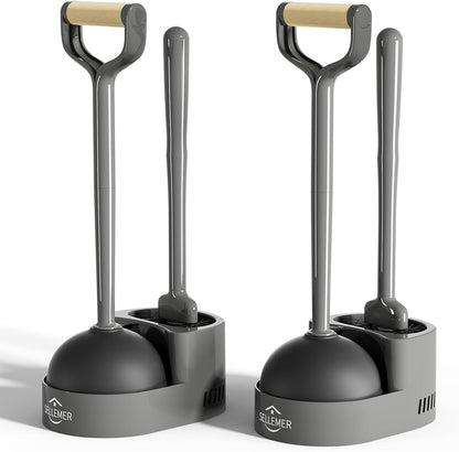 Sellemer Toilet Brush and Plunger Set, Curved Design Head for Deep Cleaning, Heavy Duty Toilet Bowl Brush and Plunger Combo with Holder for Bathroom Cleaning, Black, 2 Pack