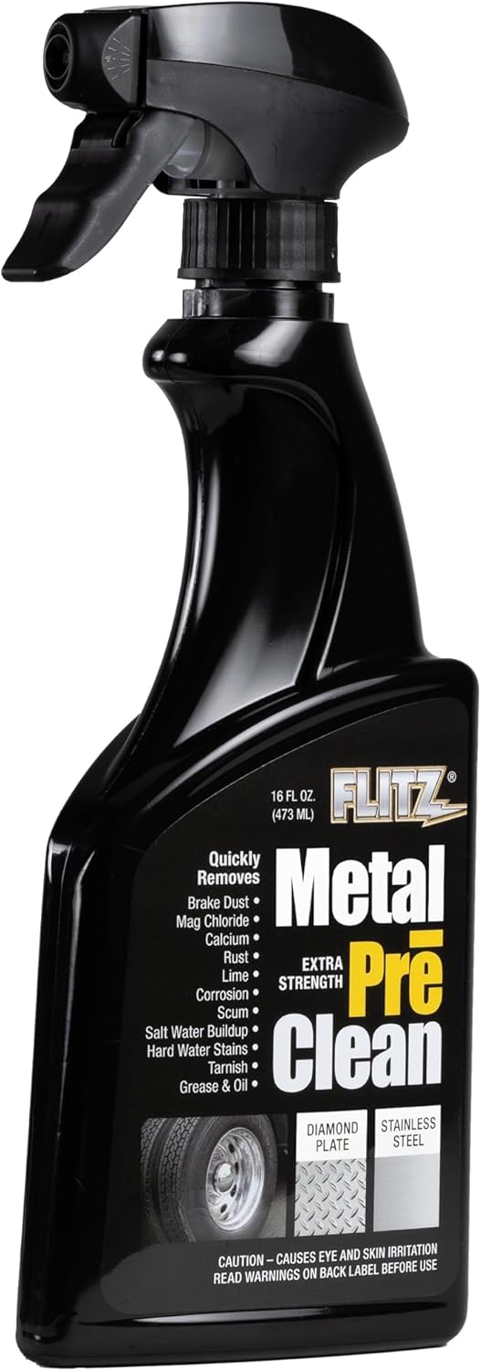 FLITZ Metal Pre-Clean - 16oz of USA-Made Stainless Steel Cleaner Spray - Works on Aluminum, Brass, Copper, & More - Tarnish, Rust Remover for Metals - Non-Abrasive Aluminum Deoxidizer (1 Pack)