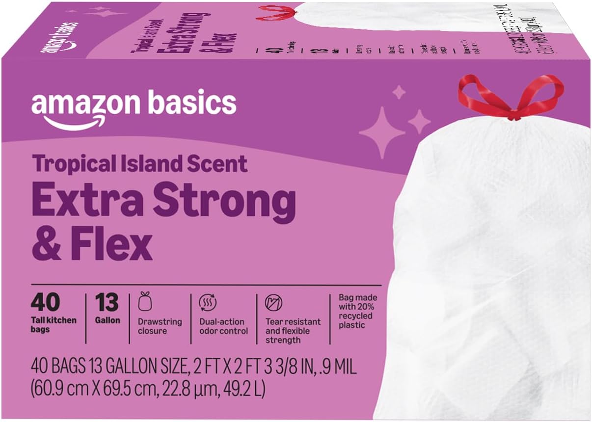Amazon Basics Extra Strong & Flex Tall Kitchen Drawstring Trash Bags, Citrus Scent, 13 Gallon, 40 Count