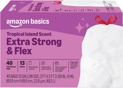 Amazon Basics Extra Strong & Flex Tall Kitchen Drawstring Trash Bags, Citrus Scent, 13 Gallon, 40 Count