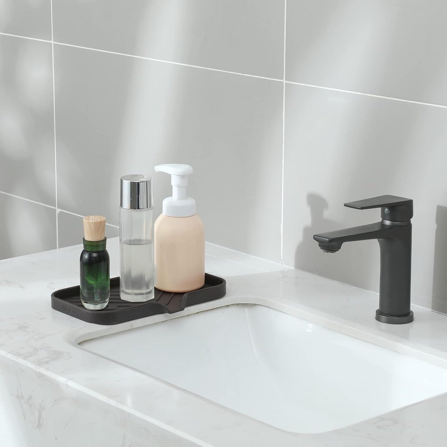 MicoYang Silicone Bathroom Soap Dishes with Drain Spout-Bathroom and Kitchen Sink Organizer,Sponge Holder,Dish Soap Tray,Perfect for Dispenser,Scrubber,Bottle,Cup on Sink or Counter-Black 4.9"×3.2"