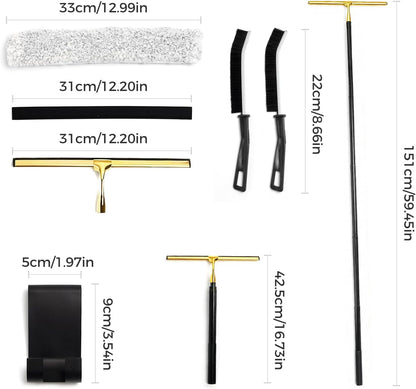 16.7“- 59.5" Long Handle Window Squeegee with Extension Pole, 12.4" Wide Metal Shower Squeegee for Glass Doors, 2-in-1 Squeegee for Home Window Cleaning, Tile Wall, Car (Silver)