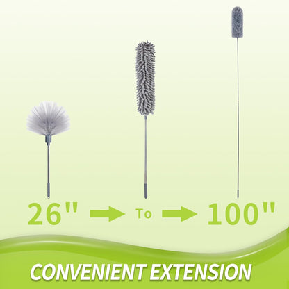 IVYROLL Cobweb Duster with Extension Pole, Spider Web Brush & Ceiling Cleaning Kit, 100" Microfiber Feather Duster Cleaner with Washable Head for Ceiling Fan, Furniture, Home