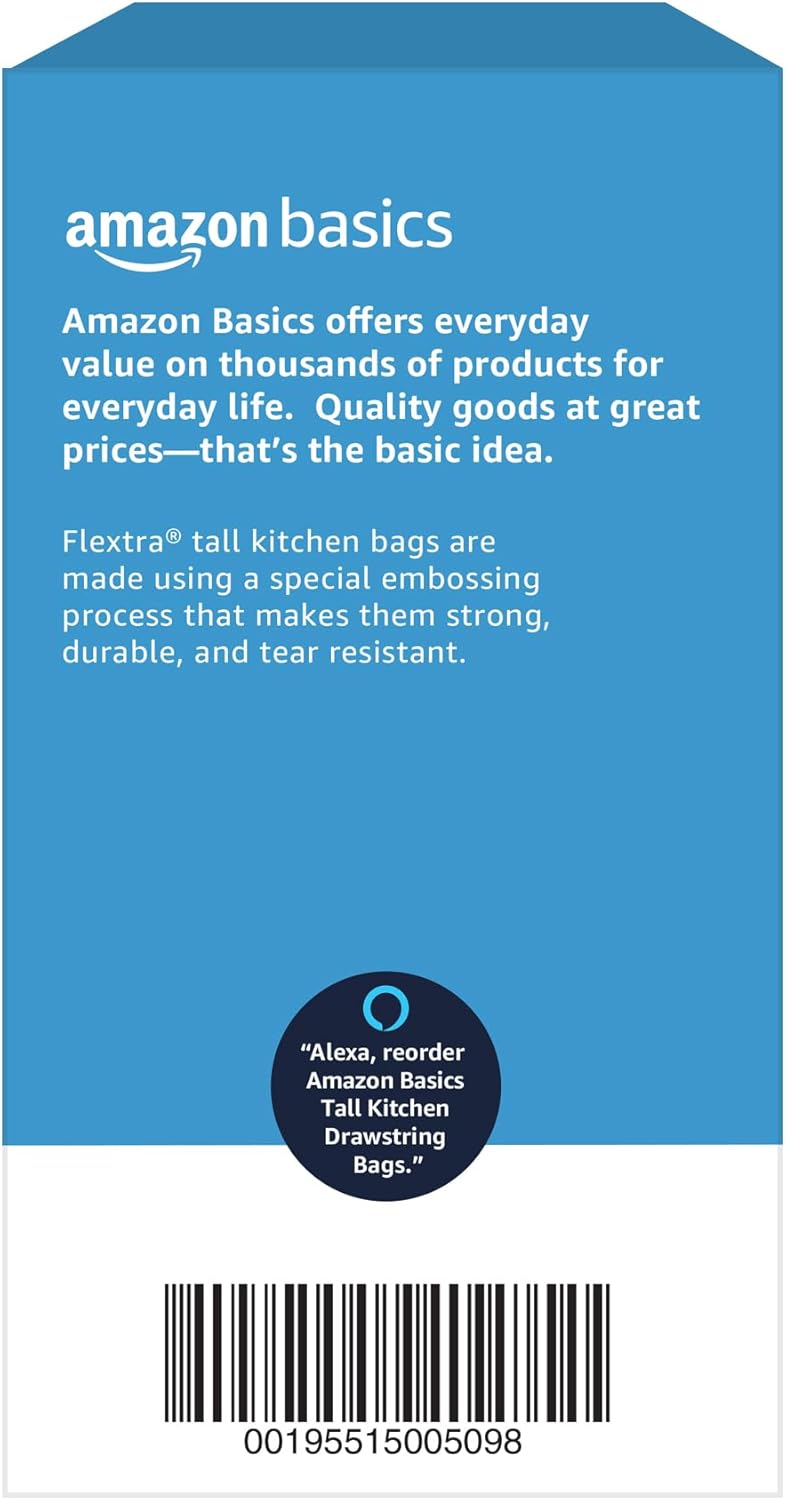 Amazon Basics Flextra Tall Kitchen Drawstring Trash Bags, 13 Gallon, 120 Count