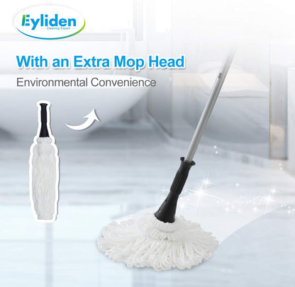 Eyliden Mop with 2 Reusable Microfiber Heads, Easy Wringing Twist Mop, 57.5 inch Long Handle, Wet Mops for Floor Cleaning, Commercial Household Clean Hardwood, Vinyl, Tile, and More (White)