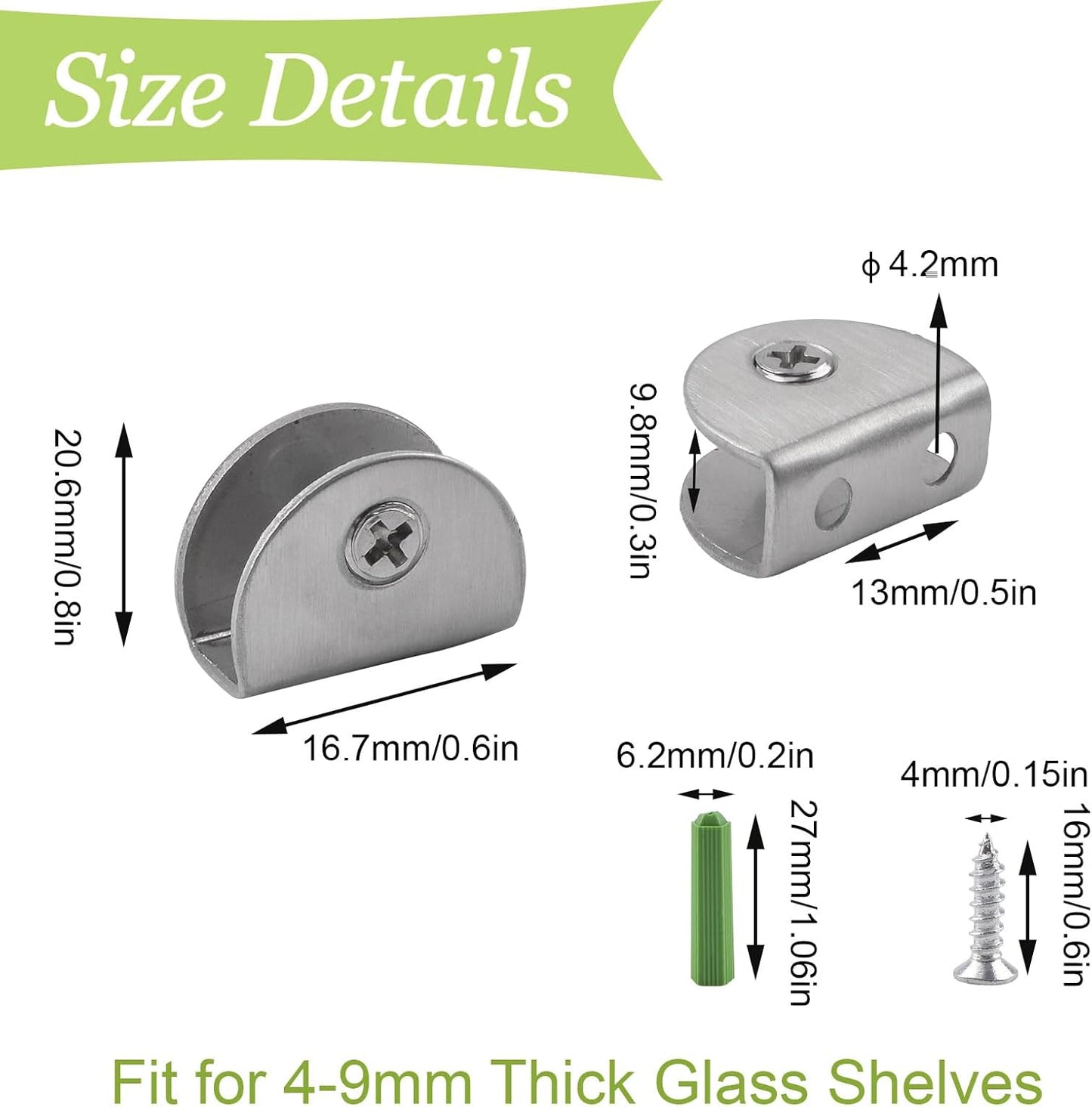 8Pcs Adjustable Half Round Glass Shelf Brackets 201 Stainless Steel Glass Clamp Clips Wall Mounted Brushed Shelf Holder Supports Mounting Brace for 3-8mm Thick Glasses