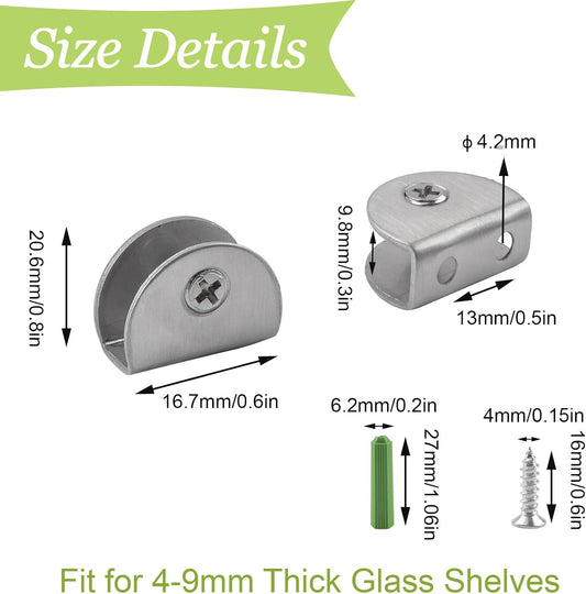8Pcs Adjustable Half Round Glass Shelf Brackets 201 Stainless Steel Glass Clamp Clips Wall Mounted Brushed Shelf Holder Supports Mounting Brace for 3-8mm Thick Glasses