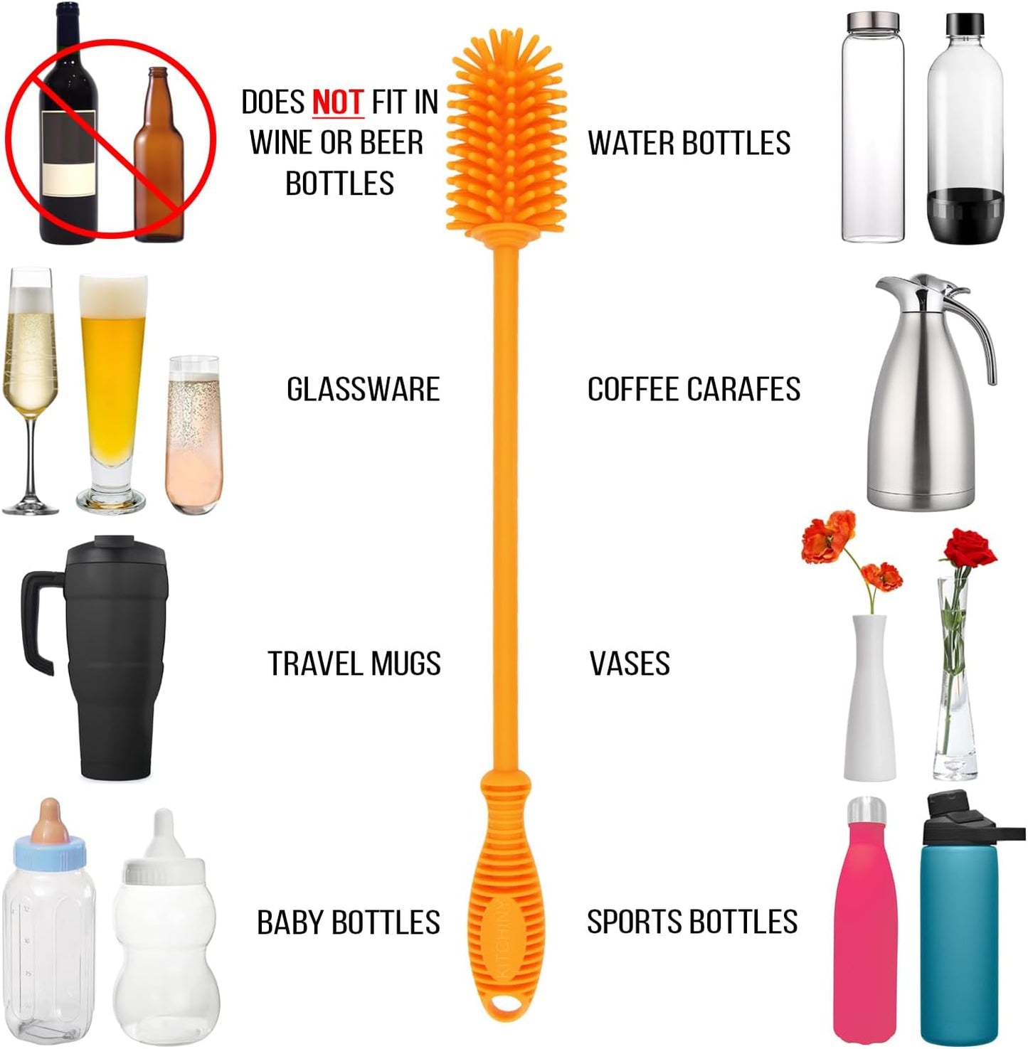 Kitchiny Silicone Bottle Brush with 2 Straw Cleaners - 12.5” Water Bottle Cleaner Brush for Yeti, Hydro Flask, Owala, Stanley, Baby Bottles, Glassware, Vases & Narrow Neck Containers - Grey