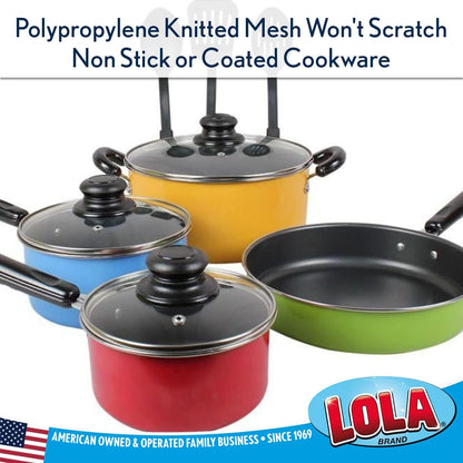 LOLA Plastic Mesh Scouring Pads - 3 Pack, 3.375" x 1.25", Non-Scratch Dish Scrubbers to Clean Dishes, Assorted Colors - Red, Blue & Yellow