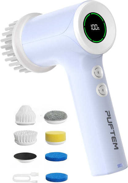 PUFTEM Upgraded Electric Spin Scrubber, Powerful Cordless Shower Scrubber with 4500mAh Large Battery & Speed Display, 6 Replaceable Brush Heads, Cleaning Brush for Bathroom Tile Tub Floor (White)