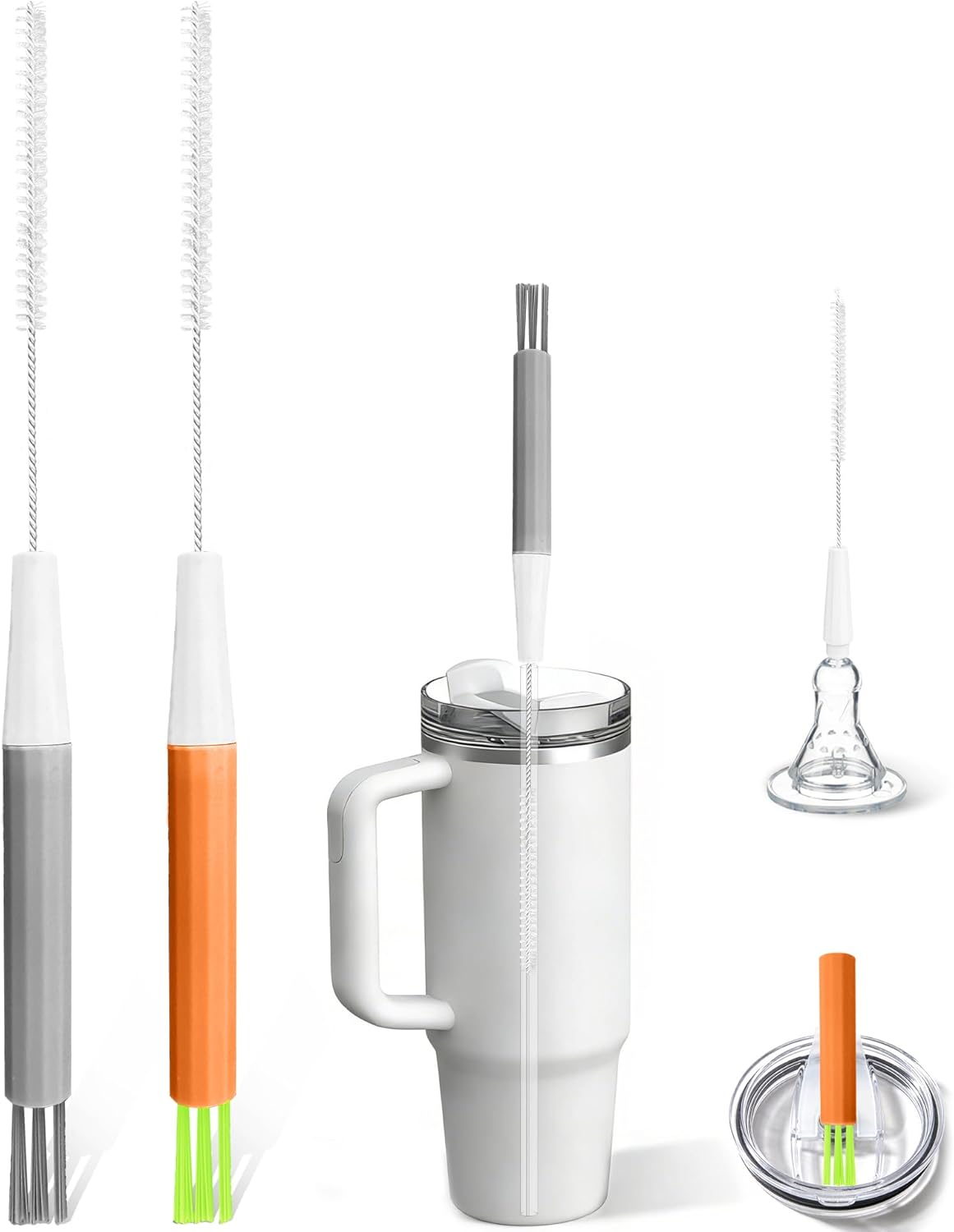 PROOCI Straw Cleaner Brush for Stanley, 2-Pack Multi 3 in 1 Long Straw Cleaning Brush Set for Reusable Straws, Tumblers, Lids, Sippy Cups, Water Bottle, Nipples & Fine Gaps - Orange & Gray
