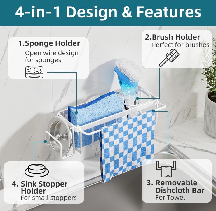 TAILI 4-in-1 Sink Caddy with Strong Suction Cup, Sponge Holder for Kitchen Sink Organizer, Removable, Rustproof, Stainless Steel Holder for Sponge, Brush, Scrubber, Scraper - Silver