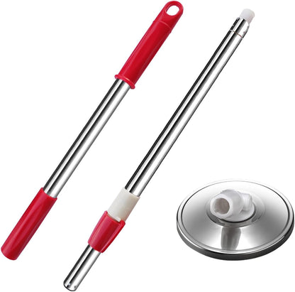Spin Mop Replacement Mop Handle, 49-inch 360 Degrees Rotating Telescopic Replacement Mop Stick with Stainless Steel Disc for Spin Mop Bucket Cleaning System (Stainless Steel Disc, Red)