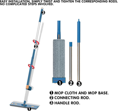 Self Wringing Microfiber Flat Mop and Bucket System with 16.5" Large Head and 55" Long Handle for Floor Wall Cleaning, 5 Microfiber Pads and Foldable Bucket, Wet and Dry