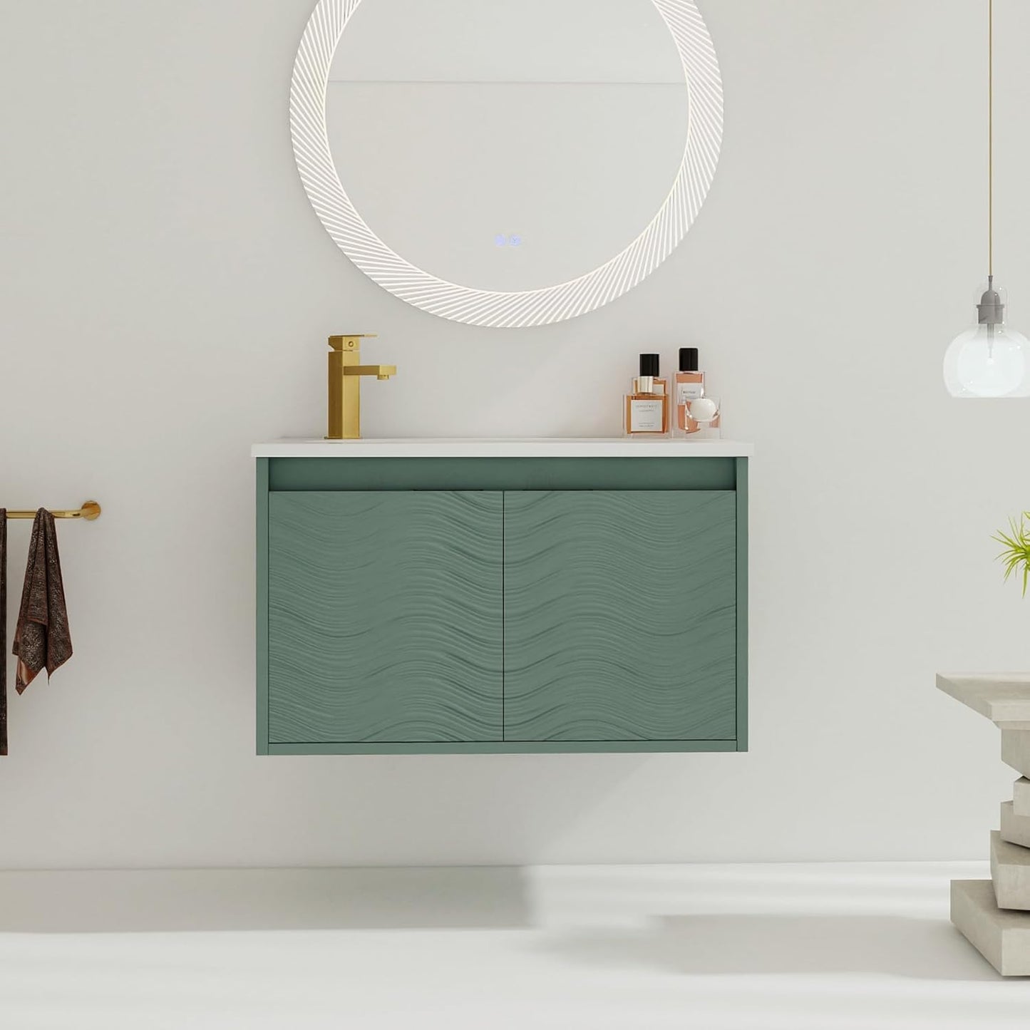 SSLine Modern 24-Inch Bathroom Vanity with Sink Wall Mounted Bathroom Vanity with Top Basin & Storage Cabinet White Wood Floating Vanity w/Ceramic Sink & Gold/Black Handles for Small Space