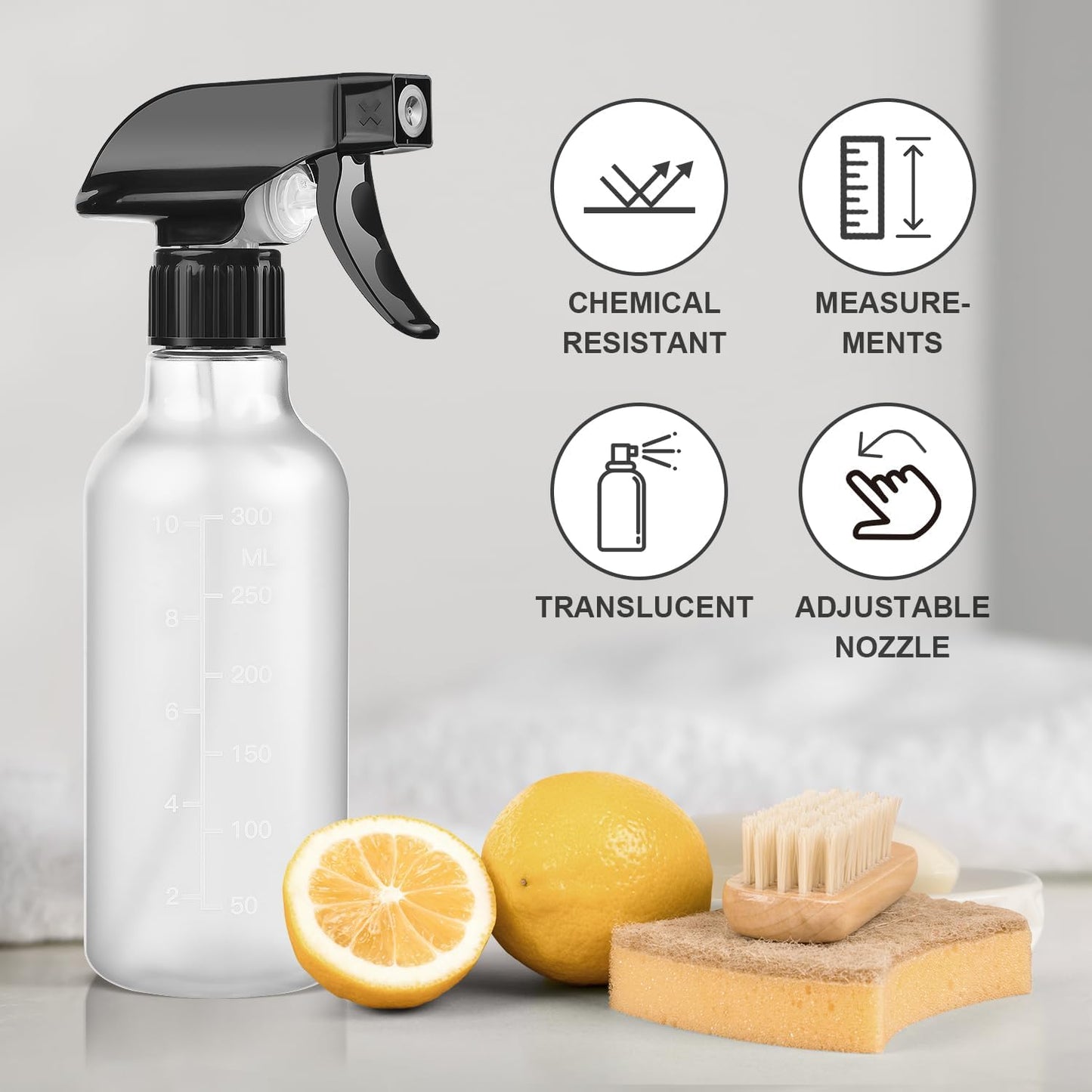 Bealee Spray Bottles 2 Pack, 10 Oz, Mist & Stream, Heavy Duty Spraying Empty Water Sprayer Bottle, BPA Free Plastic Refillable Containers for Cleaning Solutions, Planting, Hair with Measurement