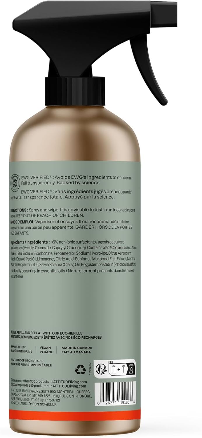 ATTITUDE All-Purpose Cleaner Spray, Natural Origin Ingredients, EWG Verified, Ammonia-Free, Removes Fingerprints, Dust and Dirt, Streak-Less, Lavender & Rosemary, 26 Fl Oz