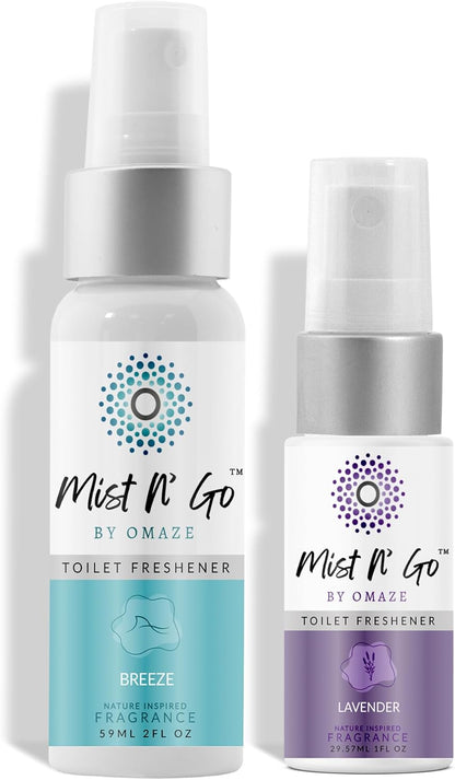 Mist N’ Go by Omaze Travel Bathroom Spray for Toilet Spray Odor Eliminator - Travel Toilet Spray for Bathroom Air Freshener Spray for Bathroom Deodorizer - Clean Mix, Travel Size (1oz x2)