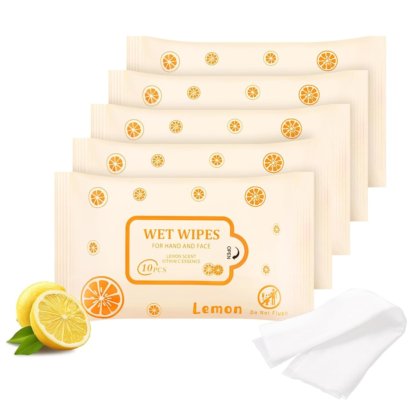 Pack of 10 Face Hand Wipes, 100 wipes, Lemon Travel Wipes Bulk for Butt, Hands, Face Cleaning, Daily Use (10 Wipes Per Pack)