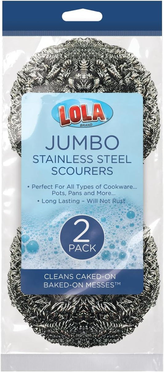 Stainless Steel Wool Scourer -Jumbo Sized- 12 Pack, 35 Grams, by LOLA, Curled Flat Wire, Cleans Caked On & Baked On Messes on Cookware