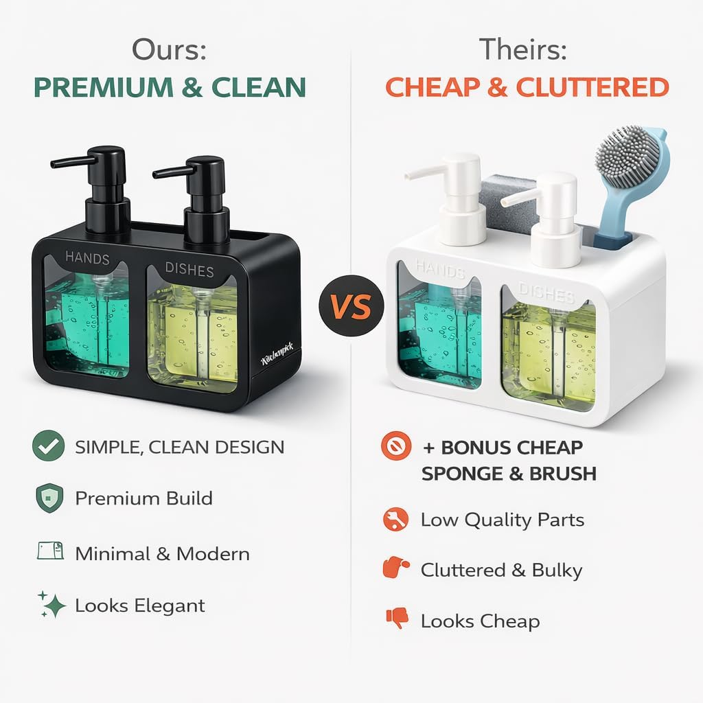 2-in-1 Kitchen Sink Liquid Dish Soap Dispenser Set for Hands and Dishes, Matte Black Dual Refillable Pump Bottle, with Sponge Caddy & Brush Holder, Countertop Organizer Gadget