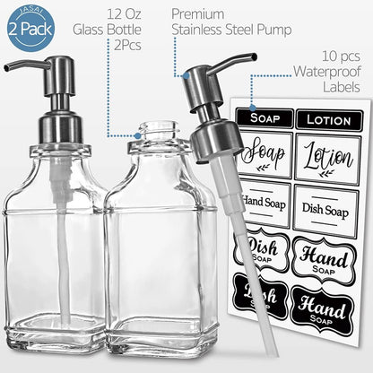 JASAI 2Pack Glass Soap Dispenser with Black Rust Proof Pump, Refillable Dish Soap Dispenser with for Kitchen and Bathroom.
