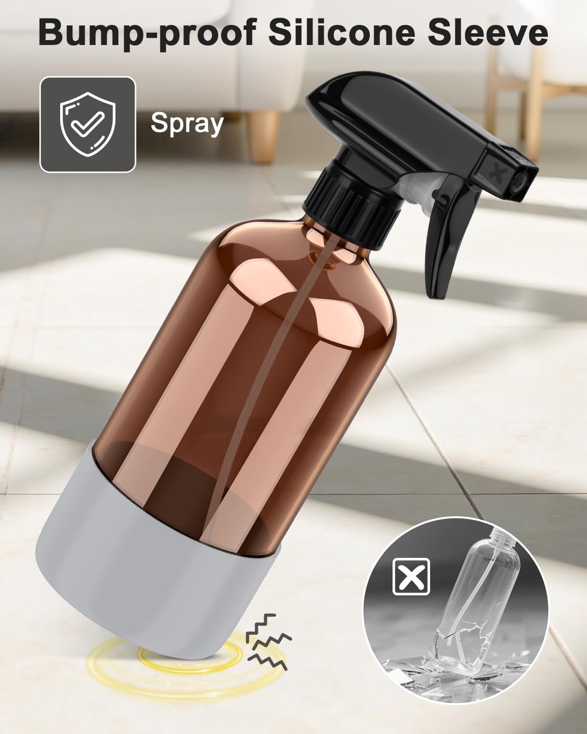 Bontip Amber Glass Spray Bottle with Silicone Sleeve Protection, 16 oz Refillable Spray Bottles for Cleaning Solutions, Plants, Aromatherapy, Facial Hydration (1, Black, 16 oz)