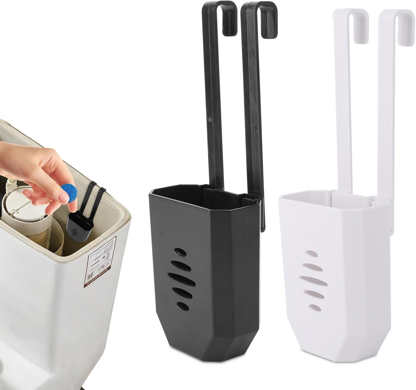 Penitue 2pcs Toilet Bowl Cleaning Pods Holder, ABS Cleaning Pods Hanging Caddy Bracket with Hooks for Home Apartment Hotel & Workplace Bathrooms (Black+White)