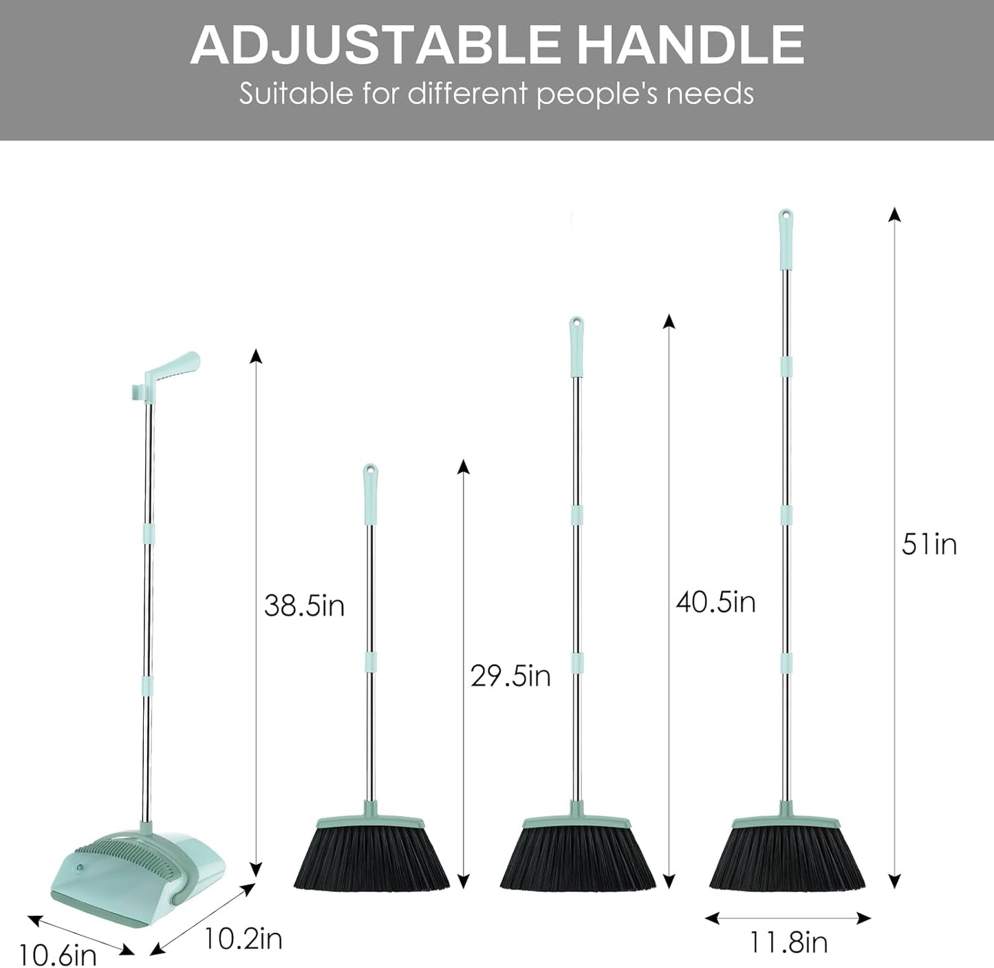 Broom and Dustpan Set for Home, 51-in Long Adjustable Handle Angle Broom and Dustpan Combo Set with Dust Pan Teeth to Clean Hair for Home Kitchen Office Lobby Floor Garden (Black&White)