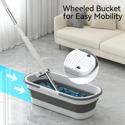 Bucket with Wringer Set, 6 Piece Microfiber Flat Mop Cleaning System with Long Handle, Hands Free Floor Cleaner for Hardwood, Tile & Wall (1 Mop + 6 Microfiber Pads + 1 Bucket)
