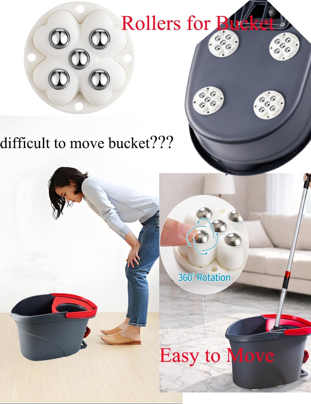 4 PCS Caster Wheels,360° Rollers Compatible with Ocedar Mop Bucket Stainless Steel,Self Adhesive Rollers for Mop Bucket,Kitchen Small Appliances,Trash Can,White