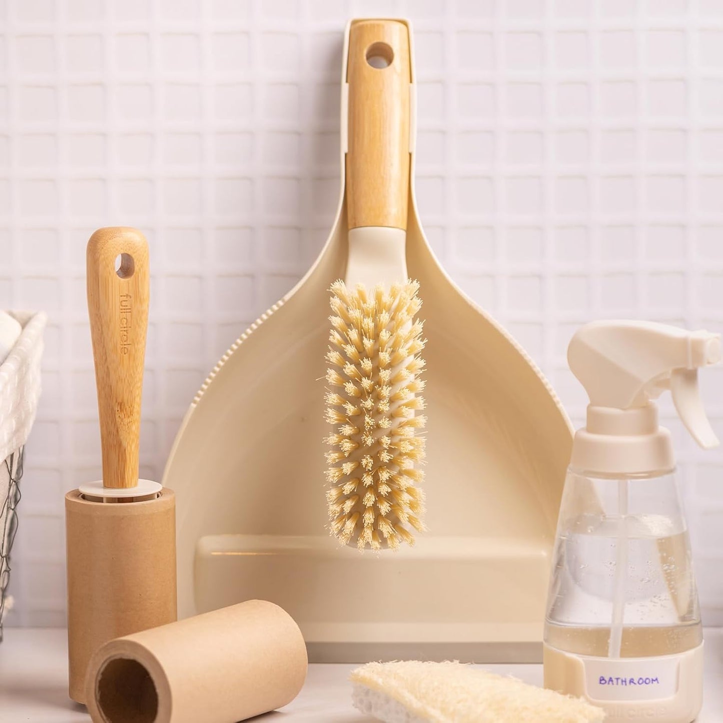 Full Circle Daily Sweep Dustpan & Brush Set with Rubber Edge, Built-in Lint Comb, Bamboo Handle, 50% Post-Consumer Recycled Plastic,Compact & Countertop-Worthy Design,Plastic-Free Packaging