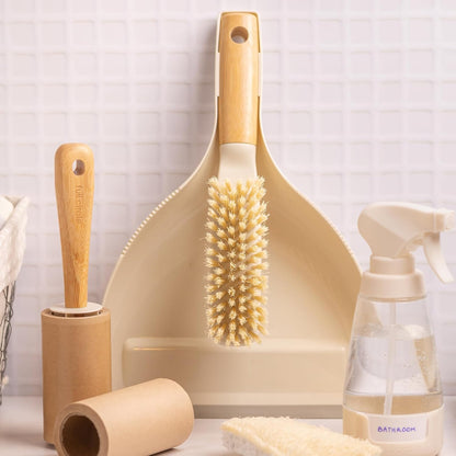 Full Circle Daily Sweep Dustpan & Brush Set with Rubber Edge, Built-in Lint Comb, Bamboo Handle, 50% Post-Consumer Recycled Plastic,Compact & Countertop-Worthy Design,Plastic-Free Packaging