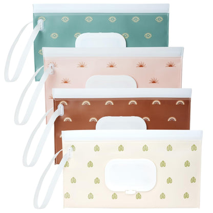 4 Pack Wipes Dispenser, Seposeve Portable Baby Wipe Case, Refillable Baby Wipes Container, Wipe Holder, Keeps Wipes Fresh, Reusable Wet Wipe Pouch for Outdoor Outing, Camping, Hiking. PureColor