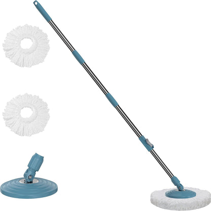 Stainless Steel Extendable Mop Handle with 2 Microfiber Replacement Heads & 360° Rotating Base Plate — Fits Standard Mop Buckets -White
