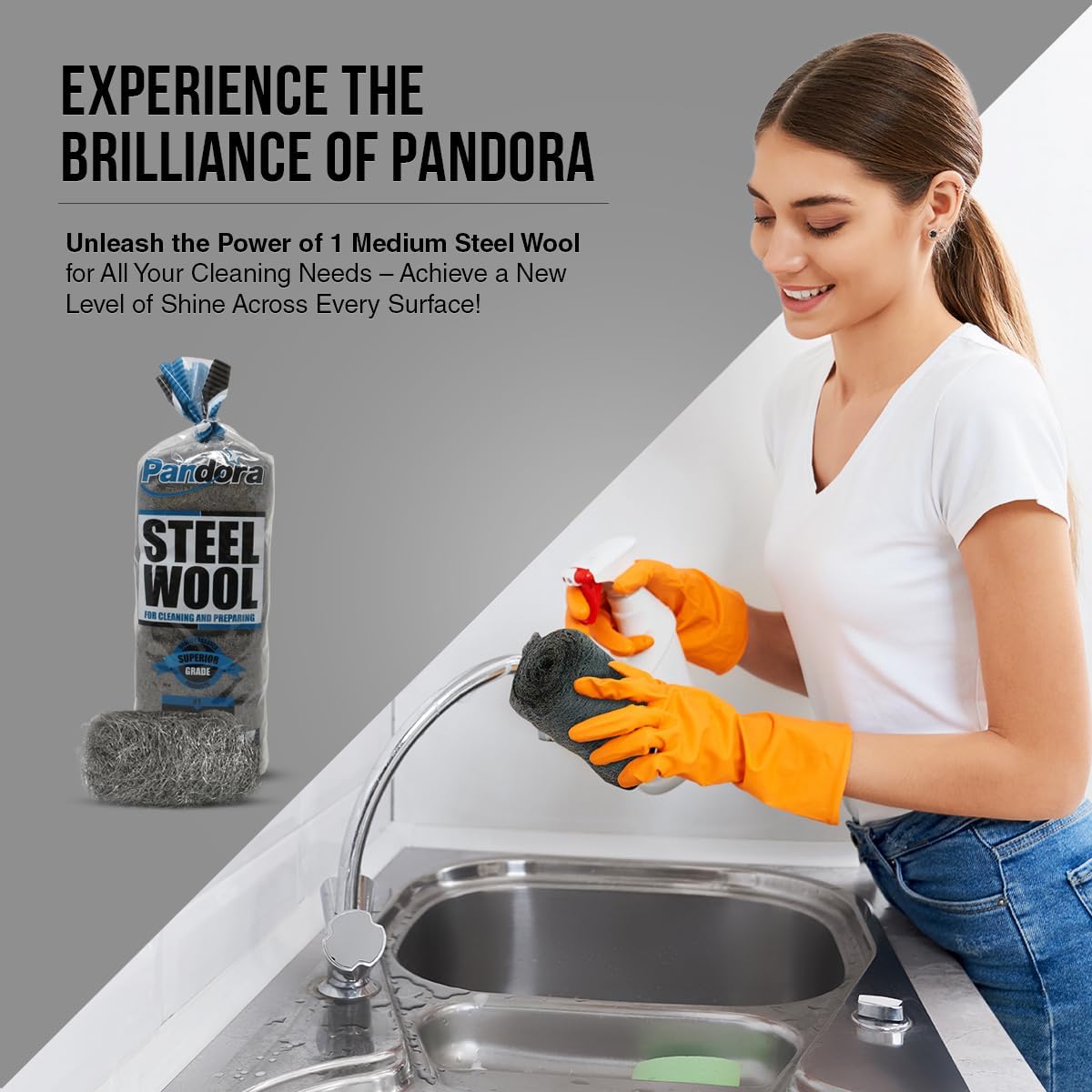 Pandora Steel Wool #2 – Coarse Grade, 16 Pads for Cleaning and Removing - Quality Metal Strands - Ideal to Remove Floor Scuff Marks and Old Wax