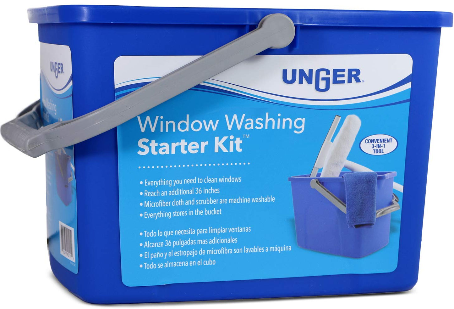 Unger - 978902 Window Washing Starter Kit with 2-in-1 Microfiber Combi, Collapsible Pole, Microfiber Cloth, and Bucket