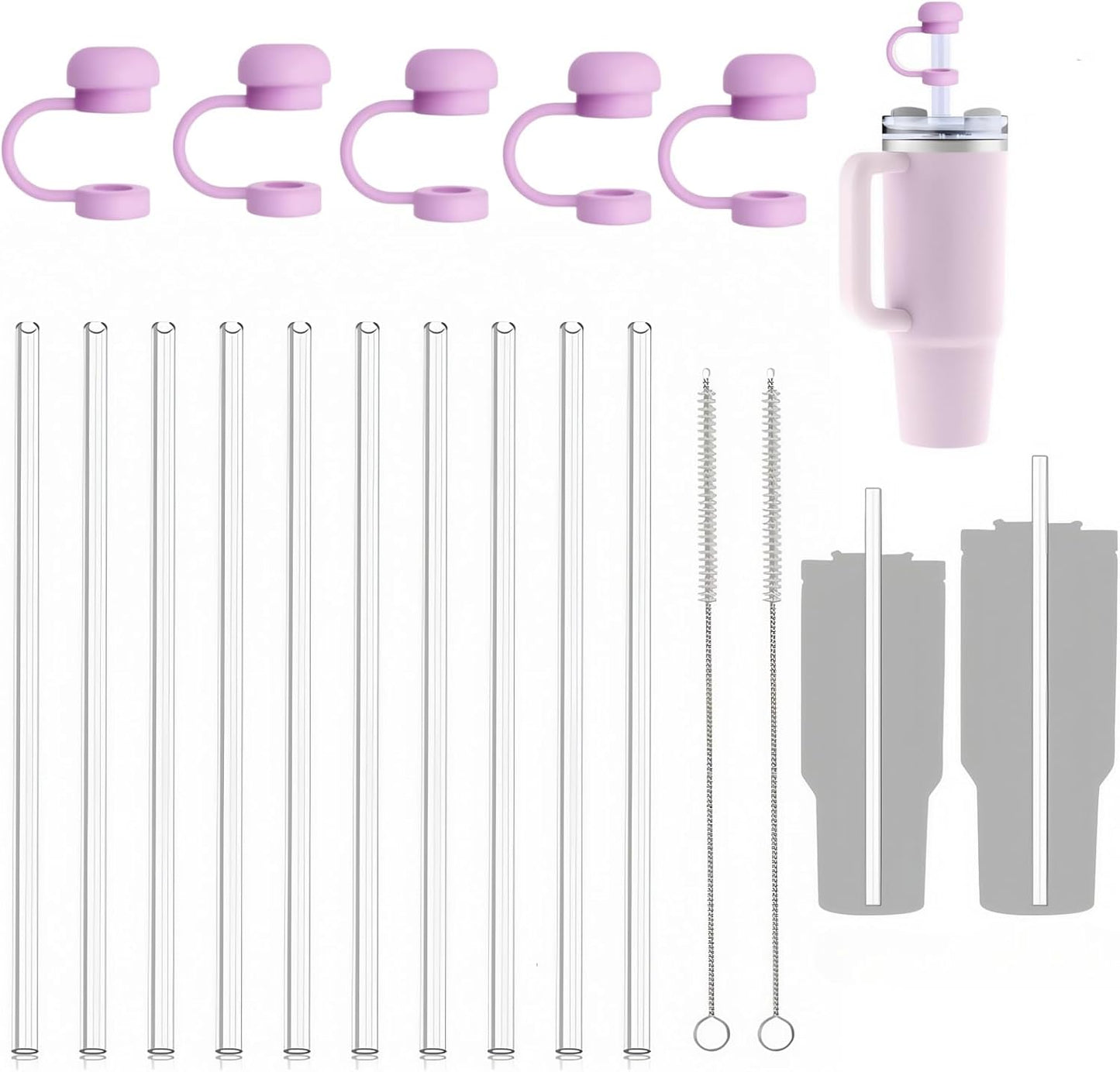 Replacement Straws Compatible with Stanley 40 oz 30 oz Cup Tumbler,Reusable,Clear,Silicone Straw Caps,Cleaning Brush,17 Pack Straw Set,for Stanley Cup Accessories,Long Mugs,drinking glass(Purple)