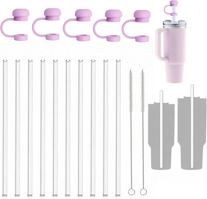 Replacement Straws Compatible with Stanley 40 oz 30 oz Cup Tumbler,Reusable,Clear,Silicone Straw Caps,Cleaning Brush,17 Pack Straw Set,for Stanley Cup Accessories,Long Mugs,drinking glass(Purple)