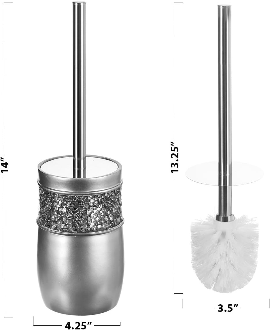 Creative Scents Crackled Glass Toilet Brush with Holder - Silver Toilet Bowl Cleaner Brush and Holder - Good Grip, Deep Cleaning, Decorative Design Compact Toilet Bowl Scrubber